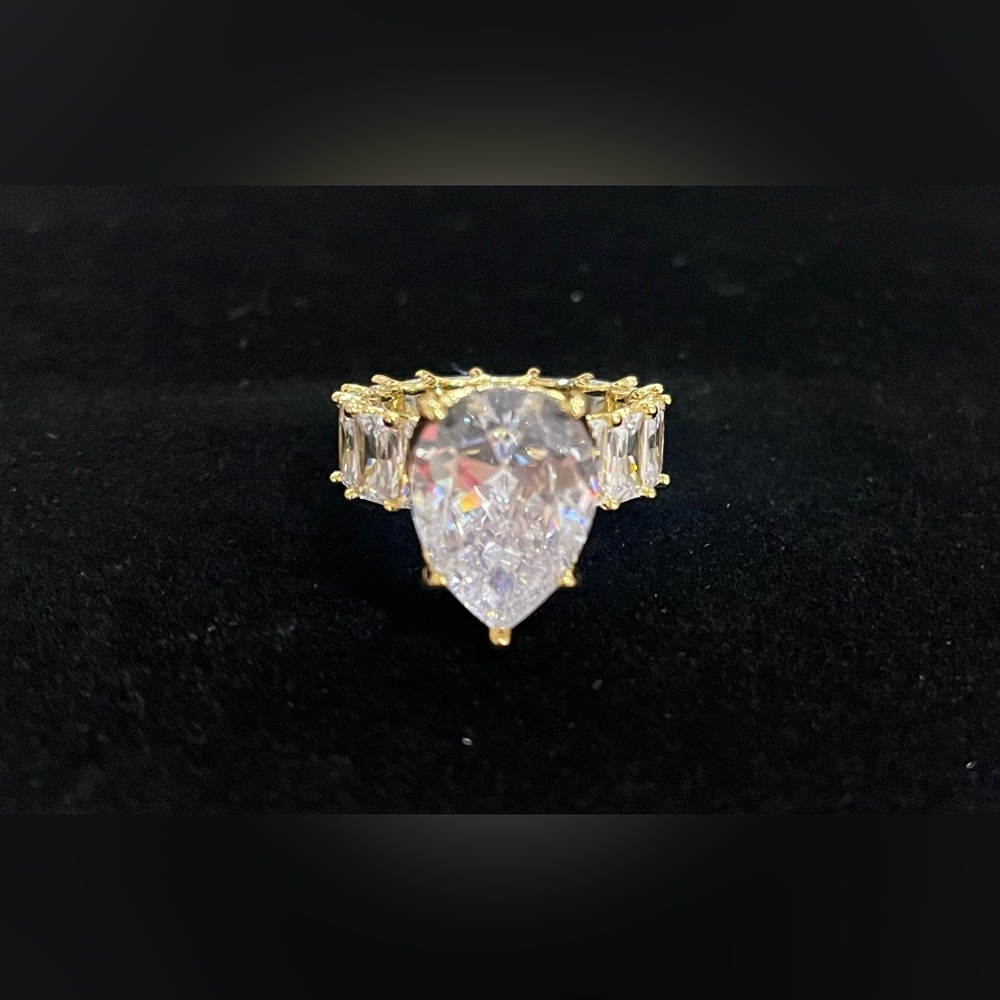 Large Water Drip Iced Out Baguette 18kt Gold Plated CZ Ring, 7mm Square, Size 6